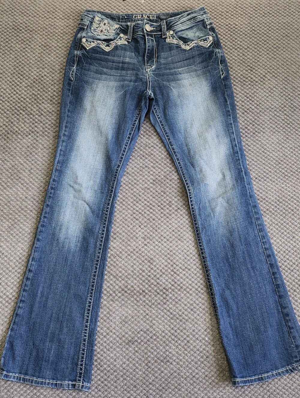 Grace in LA Women's Faded Blue Bootcut Jeans 29 Embellished